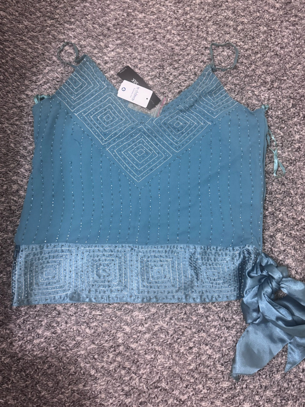 Le Chateau Vintage Teal Satin-Trim Beaded Camisole Top